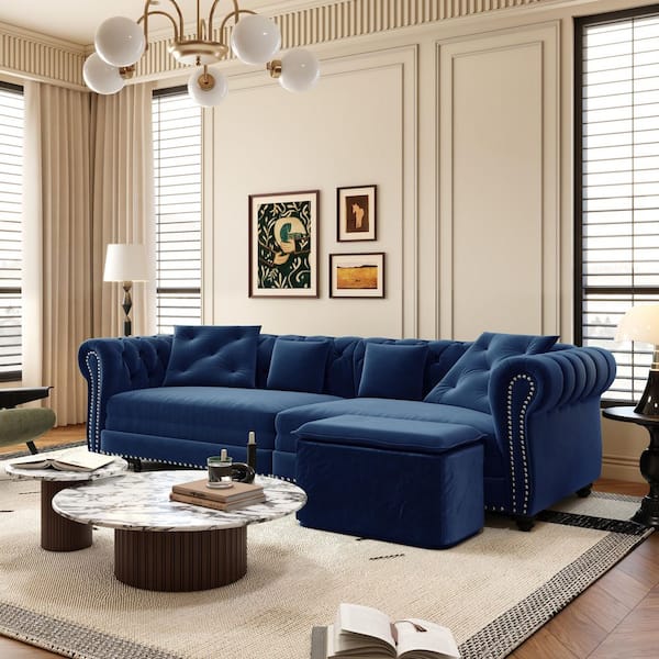 DBSAY 89 in. Sapphire Blue Velvet King Size 3-Seat Sleeper Sofa Bed with Tufted Arms and Mobile Ottoman