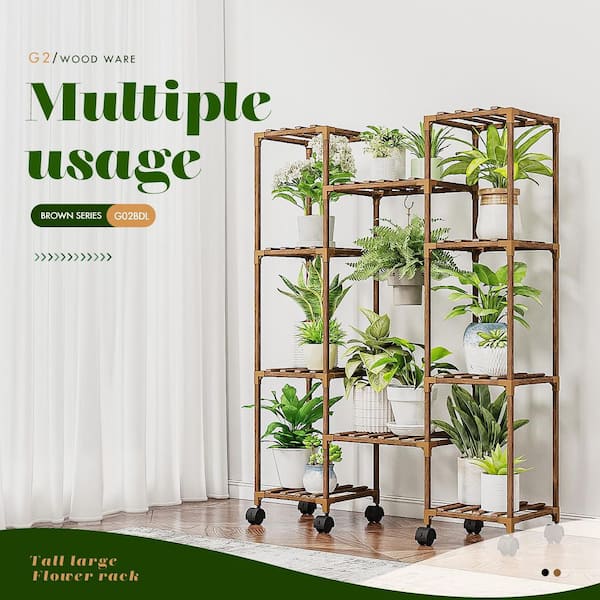 Wood Plant Stand with Wheels-Tall Indoor/Outdoor Multi-Tier Hanging Shelf  for Multiple Plants (39 in. H W x 46 in. H) YX915-06 - The Home Depot
