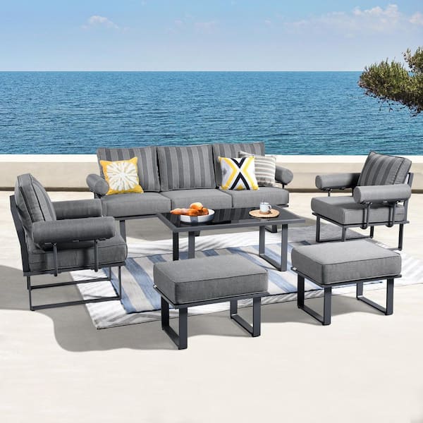 HOOOWOOO Havasu Dark Gray 6-Piece Aluminum Outdoor Patio Conversation Sofa Set with Striped Dark Gray Cushions