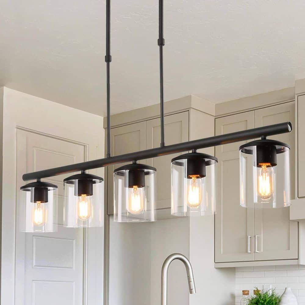 Modern 5-Light 37 in. Matte Black Linear Island Chandelier with Clear Glass Shades, Kitchen Hanging Pendant Light price history on PriceWatchPro