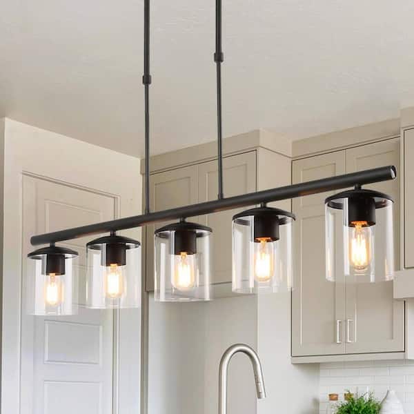 LNC Modern 5-Light 37 in. Matte Black Linear Island Chandelier with Clear Glass Shades, Kitchen Hanging Pendant Light