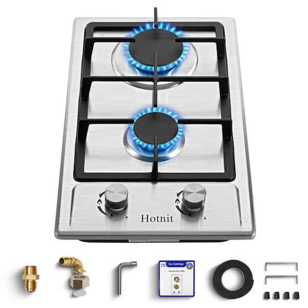 12 in. 2 Burners Recessed Gas Cooktop in Stainless Steel Including Power Burners, LPG/NG Dual Fuel Gas