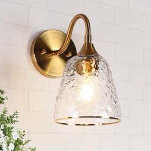 Modern Plated Brass Damp-rated Bell Bedroom Wall Sconce 1-Light Bathroom Vanity Light with Cone Clear Ripple Glass Shade