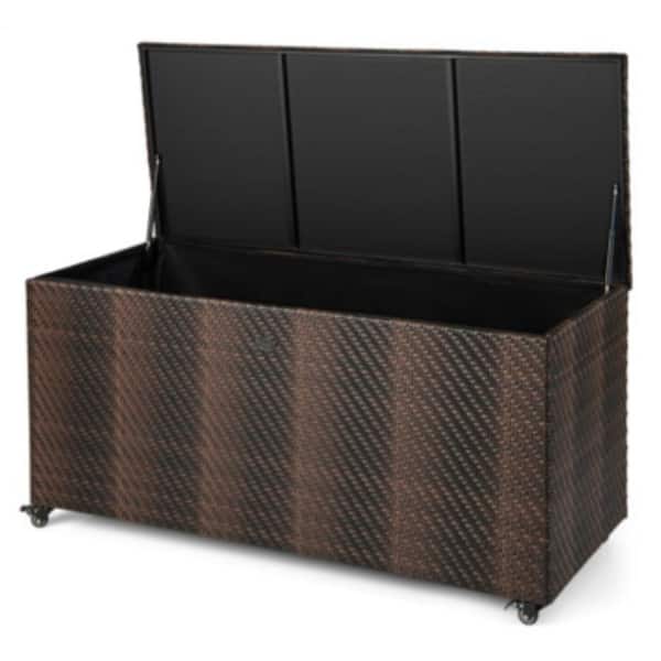 96 Gal. PE Wicker Outdoor Storage Deck Box with 4 Wheels, Gas Strut and Waterproof Liner in Brown