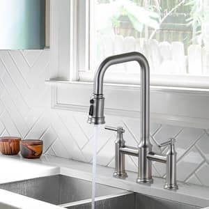 Double Handle Bridge Kitchen Faucet with Advanced Spray in Brushed Nickel