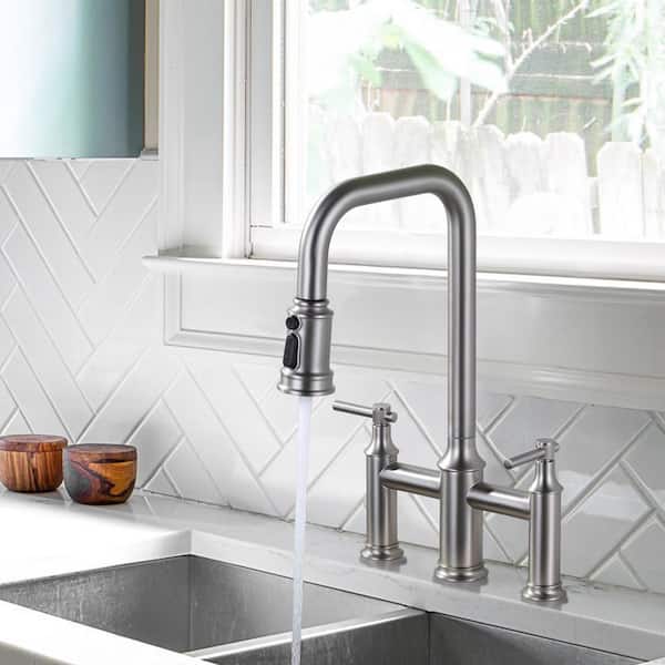 Double Handle Bridge Kitchen Faucet with Advanced Spray in Brushed Nickel