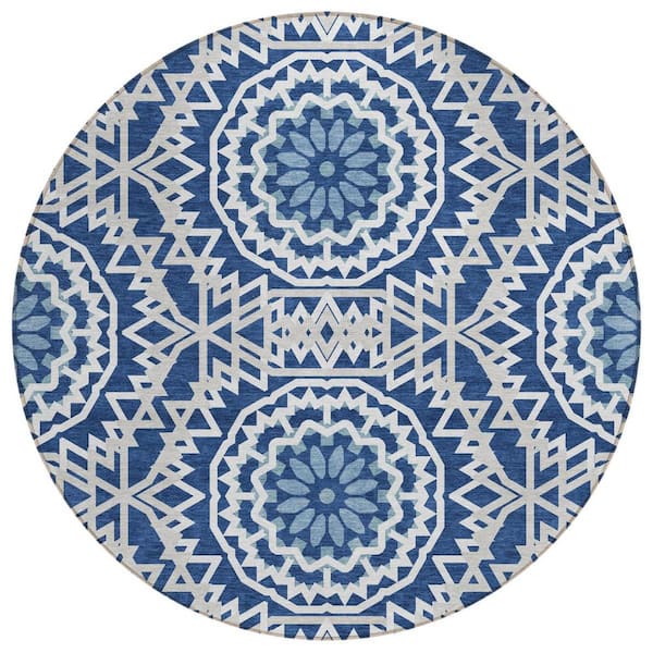 Navy Blue, Ivory, Gray 8 ft. Round Woven Floral, Medallion Polyester Round Indoor/Outdoor Area Rug