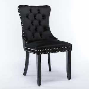 Black Velvet Upholstered Dining Chair with Wood Legs Nailhead Trim (Set of 2)
