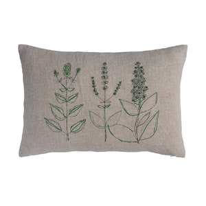 Natural, Black and Green Hand-Embroidered Polyester Fill 24 in. x 16 in. Throw Pillow
