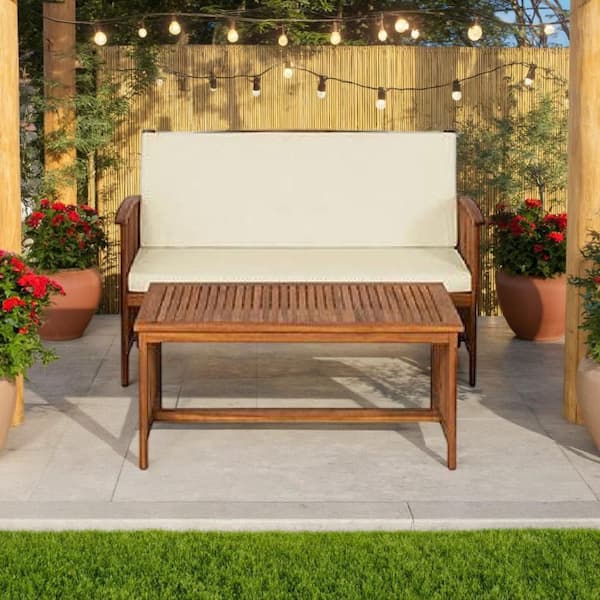 Kaila Natural Brown 2-Piece Wood Outdoor Table and Loveseat Set with Beige Cushion