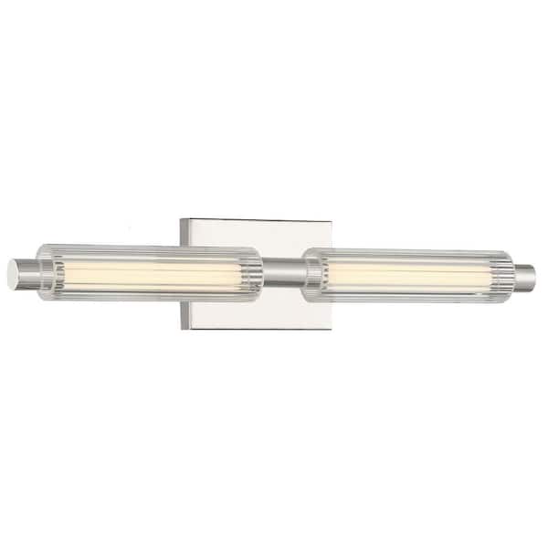 Double Barrel 22.5 in. 2-Light Polished Nickel LED Vanity Light with Clear Ribbed Glass Shades