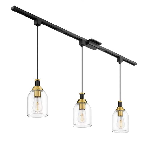 3-Light H-Type Track Lighting Pendants, Black and Gold Finish, Clear Glass Shades for Kitchen Island