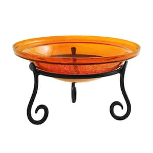 12.5 in. Dia, Mandarin Orange Reflective Crackle Glass Birdbath Bowl with Short Stand