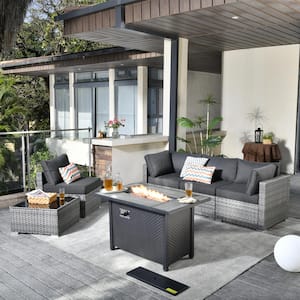 Messi Gray 6-Piece Wicker Outdoor Patio Conversation Sectional Sofa Set with a Metal Fire Pit and Black Cushions