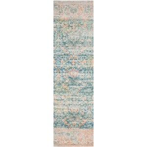 Saffron Turquoise/Peach 2 ft. x 6 ft. Distressed Floral Runner Rug