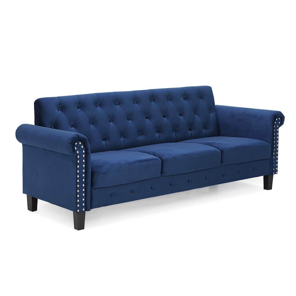 Navy Velvet Tufted Chesterfield 3-Seater Sofa with Nailhead Trim