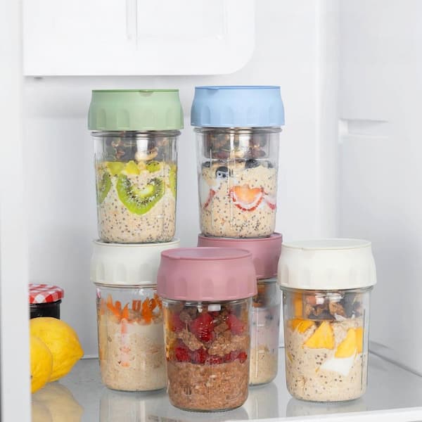 4-Piece Glass Kitchen Jars, Overnight Oats Container Set with Lids, Folding Spoons and Divided Compartments