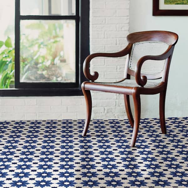 Vinyl Area Rug With Moroccan Tiles Design in Blue and Beige. Linoleum Style Area  Rug With Zellige Tiles. Vinyl Tiles Art Mat. 