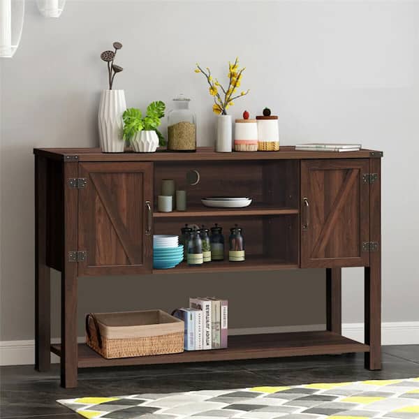35 in. L Brown Console Table Sideboard Buffet TV Stand withStorage Cabinets and Bottom Shelf