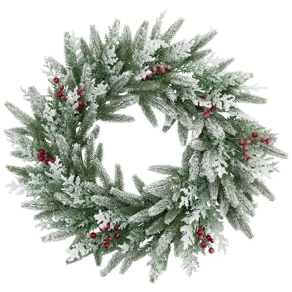 24 "-Unlit Real Touch️ Flocked Wind River Fir with Berries Artificial Christmas Wreath