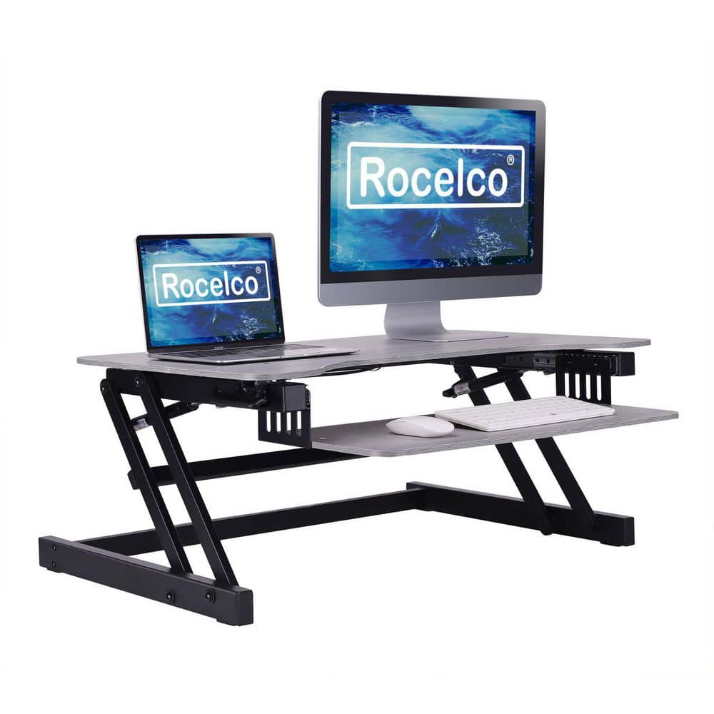 37.5 in. W Gray Height Adjustable Standing Desk Converter Keyboard Tray Double Monitor Riser Computer Workstation price history on PriceWatchPro