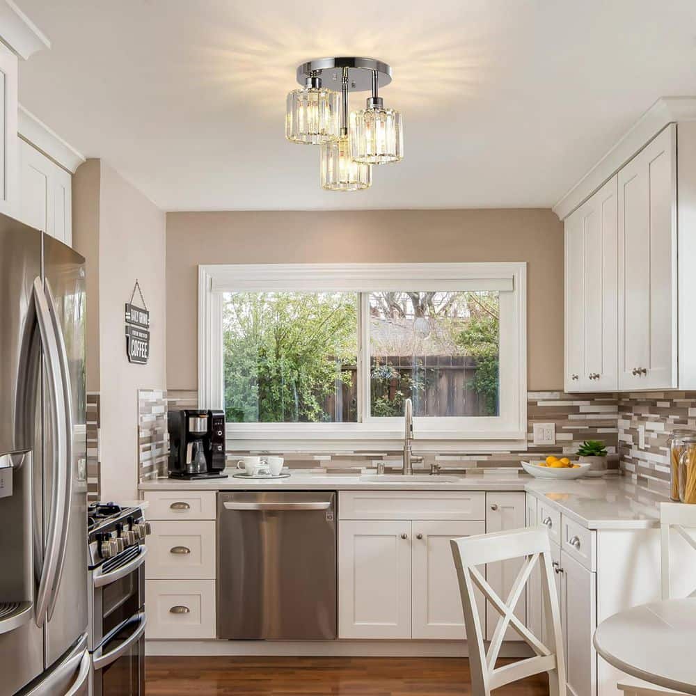 11 in. 3-Light Matte Silver Industrial Semi-Flush Mount With Clear Crystal Shades for Kitchen Bedroom No Bulbs Included price history on PriceWatchPro
