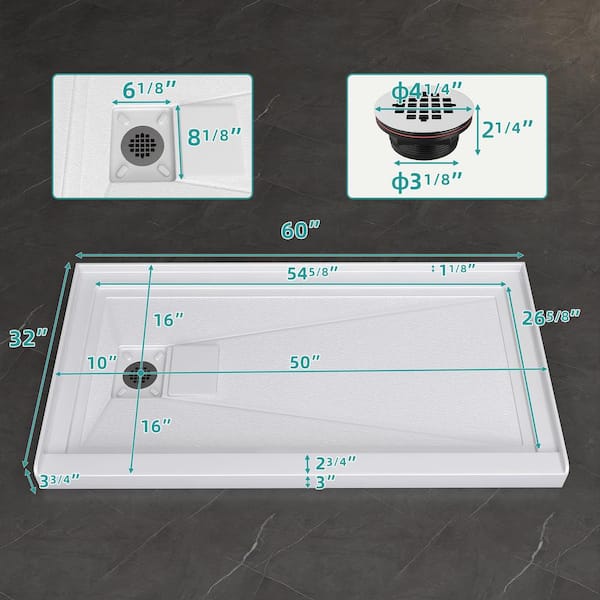 60 in. L x 32 in. W Single Threshold Alcove Shower Pan Base Acrylic Rectangular Shower Tray with Left Drain in White
