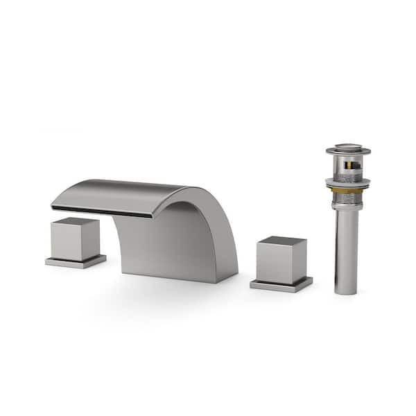 Modern Widespread 2-Handle Waterfall Bathroom Sink Faucet 3-Hole with Pop-Up Drain in Brushed Nickel