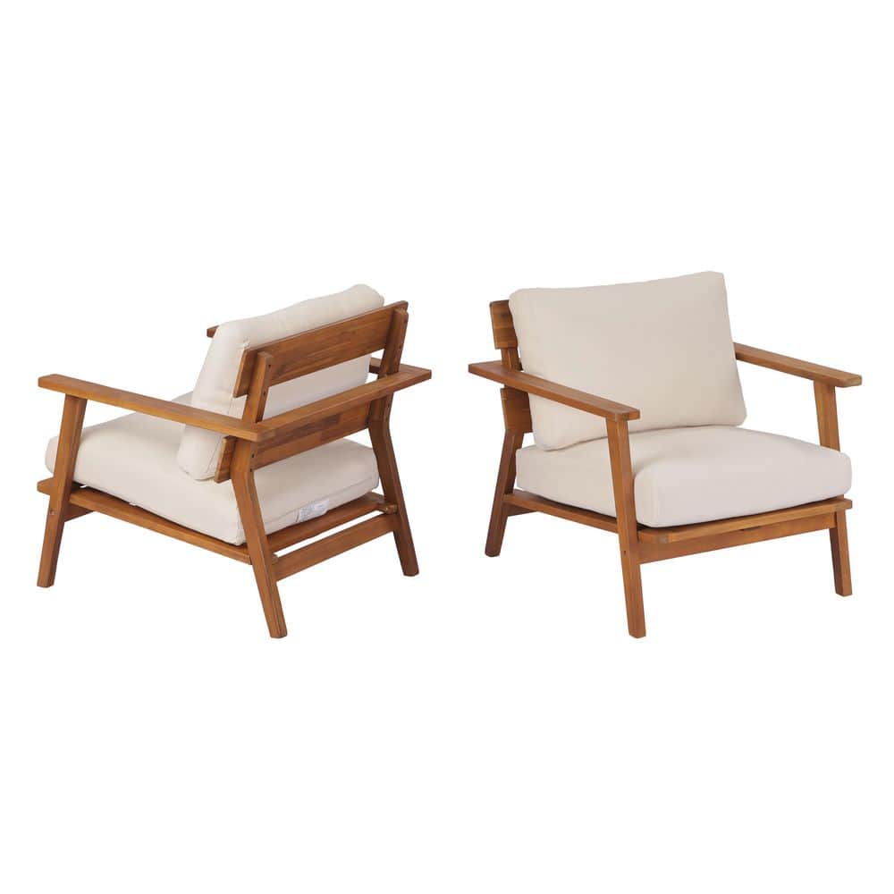 Tony Acacia Wood Patio Outdoor Lounge Chairs with Light Teak+Beige (Set of 2)
