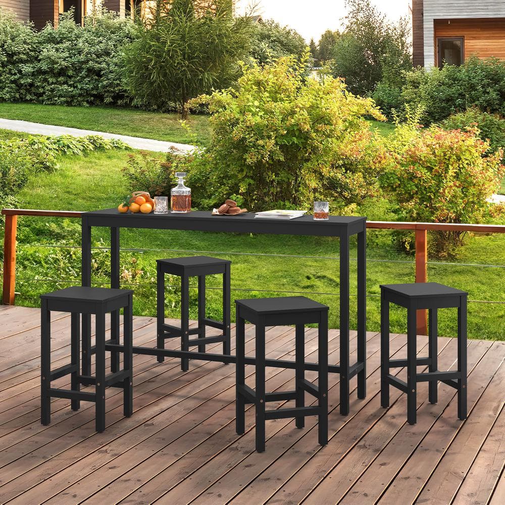 cozyman 63 in. Black Solid Wood Counter Height Pub Table Set with Bar
