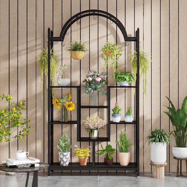 Wellston 74.8 in. Black 5-Tier Speicalty Indoor Plant Stand Flower Rack with Side Hanging Hooks and S-Hooks