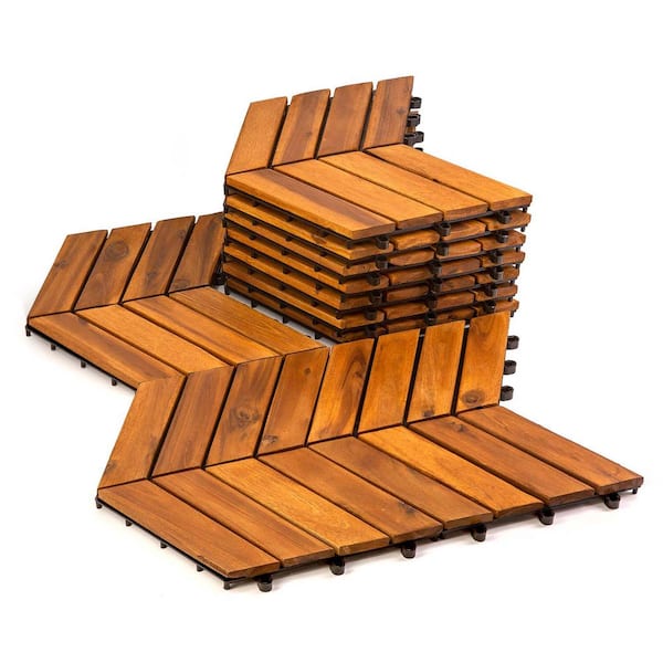 Pro Space 12 in. x 12 in. Geometric Acacia Wood Interlocking Flooring Tiles Striped Pattern Brown (30-Pack)