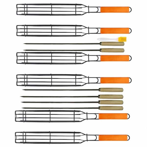 17.5 in Nonstick Steel Kabob Grill Baskets and 15.5 in Stainless Steel Skewers 12-Piece Grill Rack Set