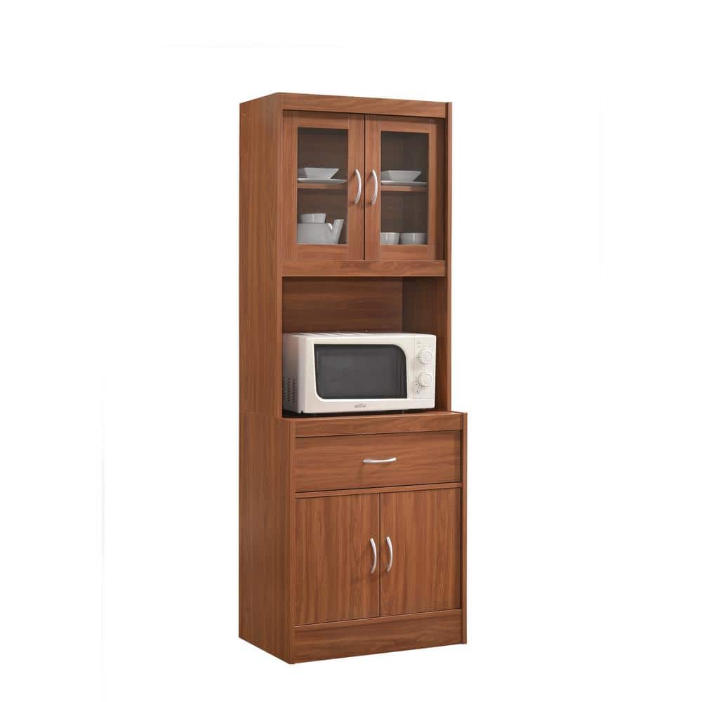 Hodedah Long Standing Kitchen Cabinet One Drawer and Space for Microwave Cherry 