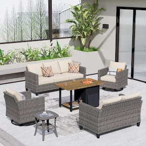 New Vultros Gray 6-Piece Outdoor Patio Fire Pit Table Conversation Set with Beige Cushions and Swivel Rocking Chairs