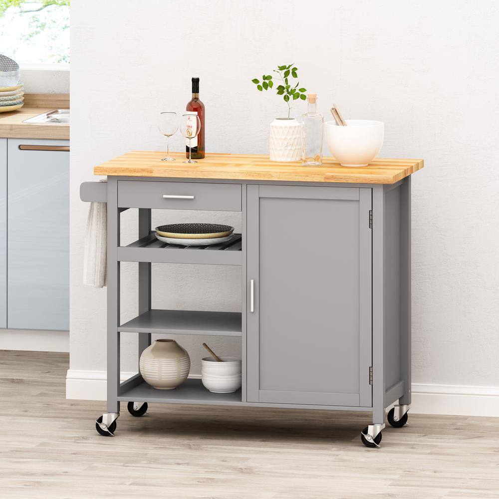 FAMYYT Rolling Gray Rubber Wood Tabletop 42 in. Kitchen Island with ...