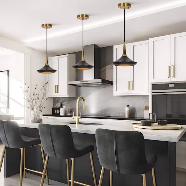 Small Modern Black Brass Kitchen Island Pendant Lighting Contemporary 1-Light Bell Dining Living Room Hanging Chandelier