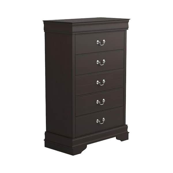 Benjara 15.75 in. Cappuccino Brown and Nickel 5-Drawer Wooden Tall Dresser Chest of Drawers