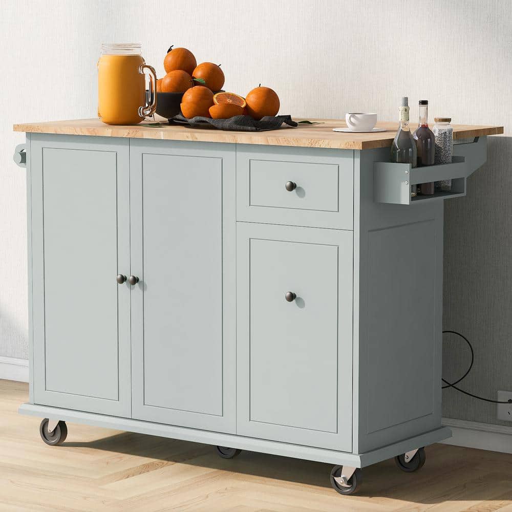 Gray Rubber Wood 53.9 in. Kitchen Island on Wheels with 3 Tier Pull Out Cab