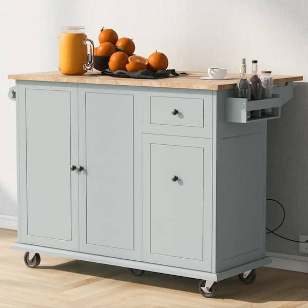 Unbranded Gray Rubber Wood 53.9 in. Kitchen Island on Wheels with 3 Tier Pull Out Cabinet Organizer