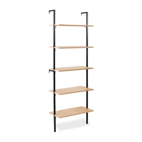 Madera 72.05 in. Tall Classic Industrial 5-Shelf Wood Wall-Mounted Open Ladder Bookcase W/Metal Frame, Light Oak/Black