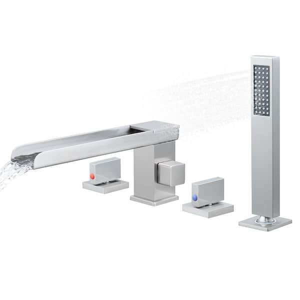 2-Handle Tub-Mount Roman Tub Faucet with Hand Shower in Brushed Nickel