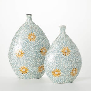 21.75 in. and 18.5 in. Blue Floral Capiz Vase (Set of 2)