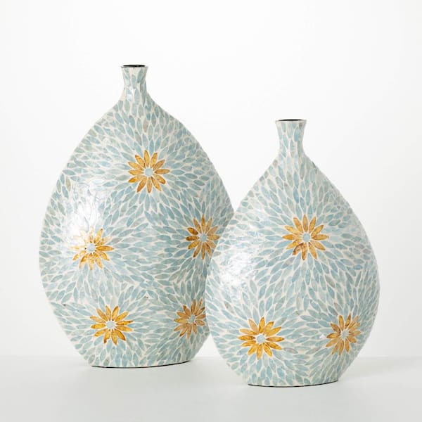 SULLIVANS 21.75 in. and 18.5 in. Blue Floral Capiz Vase (Set of 2)