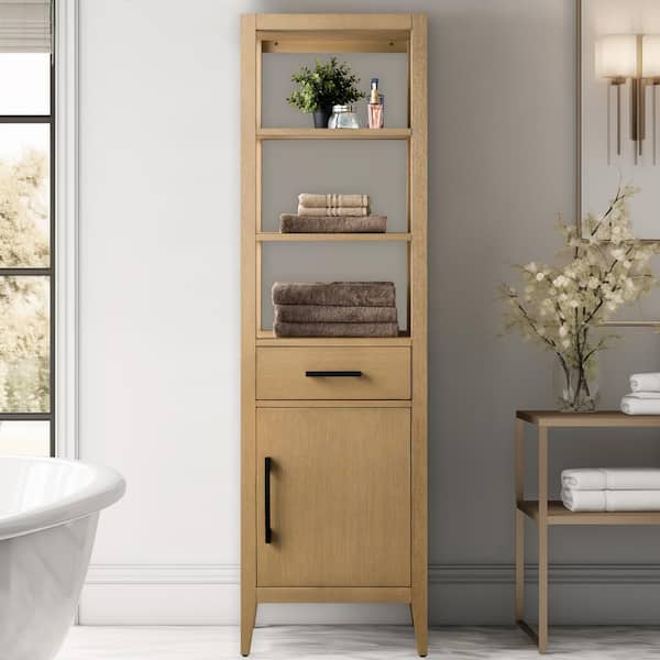 Vanity Art 21 in. W x 17 in. D x 72 in. H Brown MDF Floor Standing Linen Cabinet with Soft Close Door in Natural Oak/MB