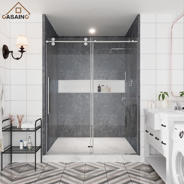 CASAINC 60 in. W x 76 in. H Sliding Frameless Shower Door in Chrome Finish with Clear Glass