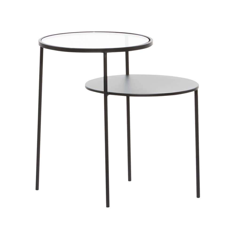 Sleek 23" Black Metal and Glass Round Accent Table with Storage