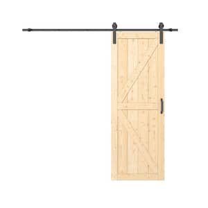 30 in. x 84 in. Paneled K Shape Solid Pine Unfished Wood Sliding Barn Door Slab with Installation Hardware Kit