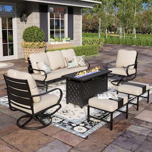 Black Metal Slatted 7 Seat 6-Piece Steel Outdoor Fire Pit Patio Set with Beige Cushions and Rectangular Fire Pit Table