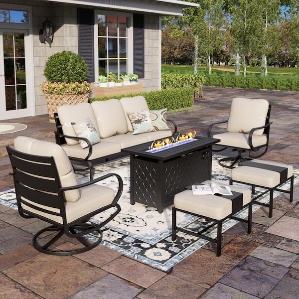PHI VILLA Black Metal Slatted 7 Seat 6-Piece Steel Outdoor Fire Pit Patio Set with Beige Cushions and Rectangular Fire Pit Table